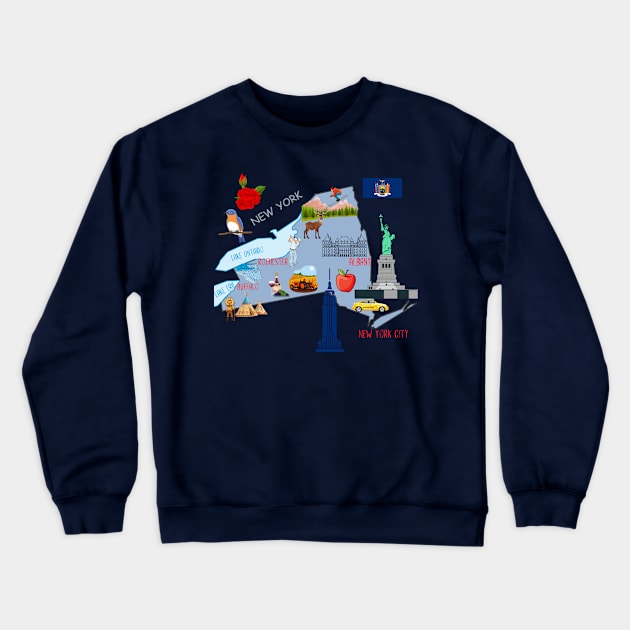 tourism map of New York state, USA, major cities, flag, attractions Crewneck Sweatshirt by Mashmosh